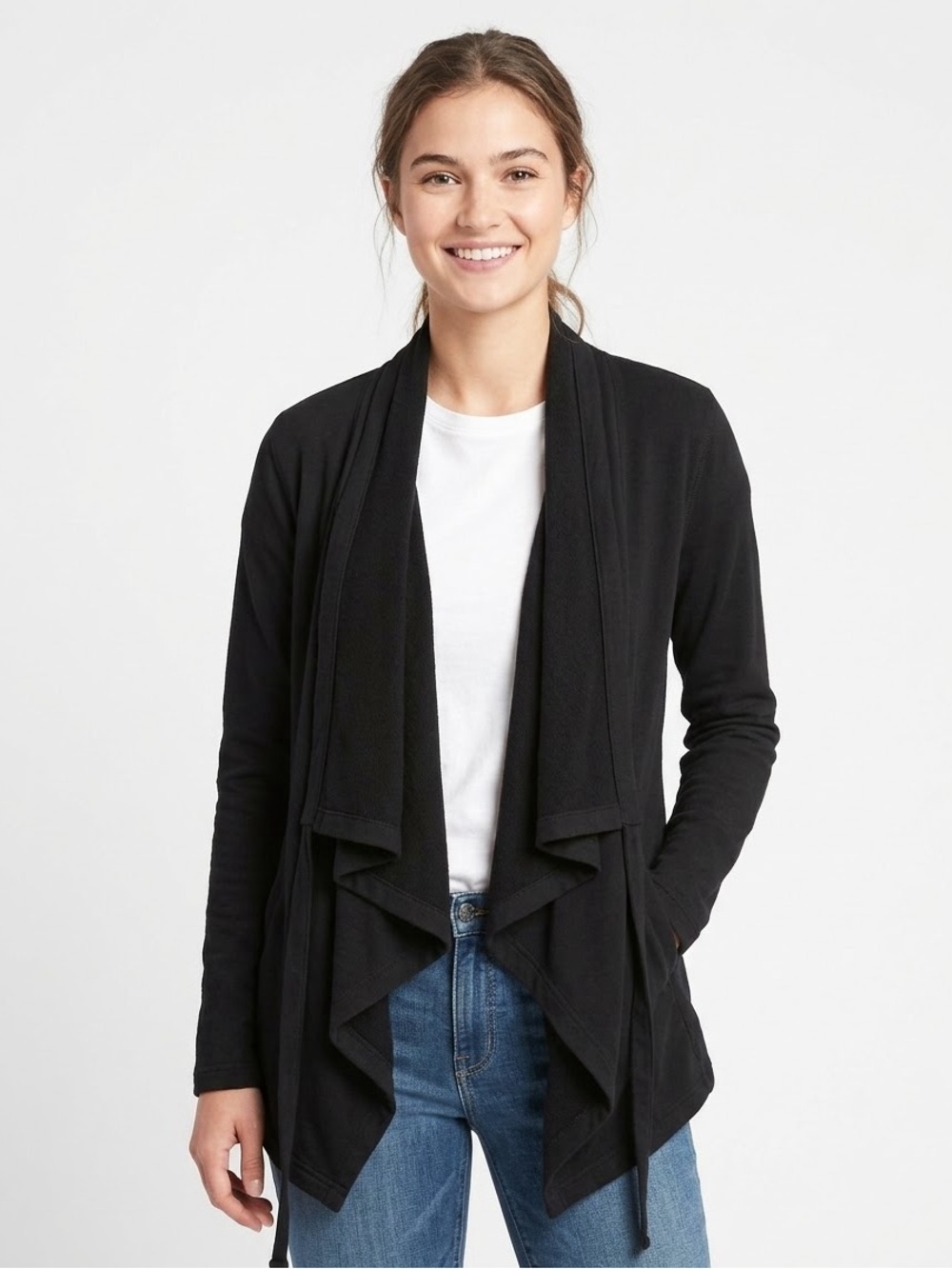 Old Navy Active Black Open Front Draped Waterfall Cardigan Wrap Sweatshirt Small